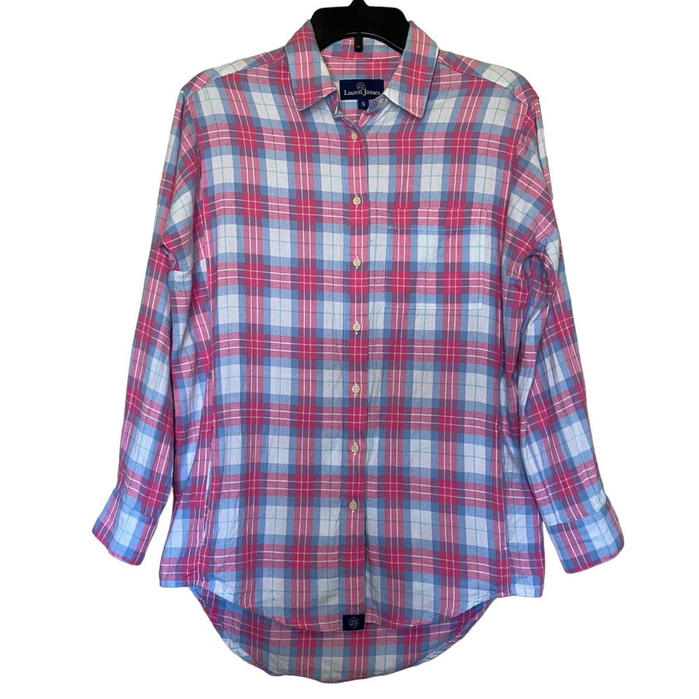 LAUREN JAMES woman's size small S 100% cotton plaid checks flannel button top